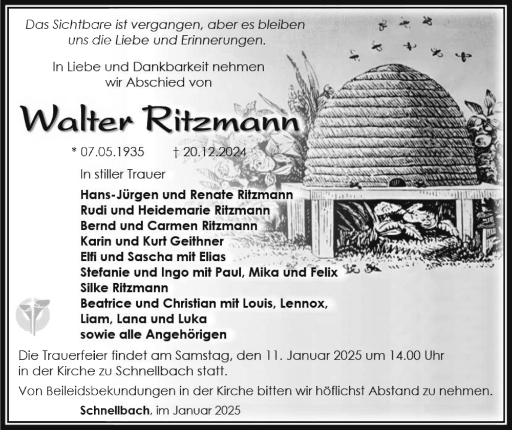  Traueranzeige für Walter Ritzmann vom 04.01.2025 aus Südthüringer Presse