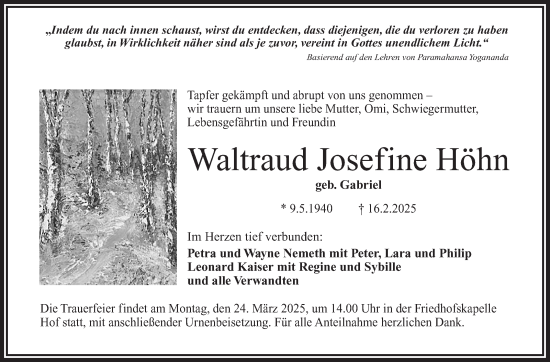 Traueranzeige von Waltraud Josefine Höhn von Frankenpost