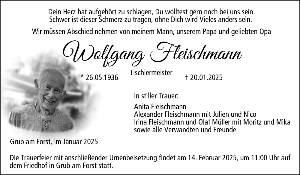  Traueranzeige für Wolfgang Fleischmann vom 01.02.2025 aus Neue Presse Coburg