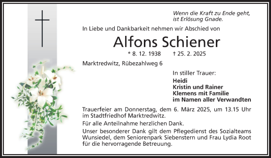 Traueranzeige von Alfons Schiener von Frankenpost