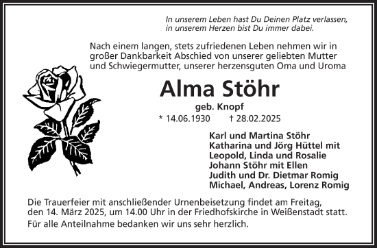 Traueranzeige von Alma Stöhr von Frankenpost