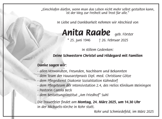 Traueranzeige von Anita Raabe von Südthüringer Presse