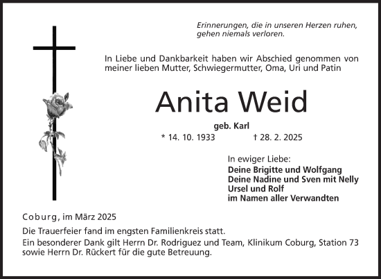 Traueranzeige von Anita Weid von Neue Presse Coburg