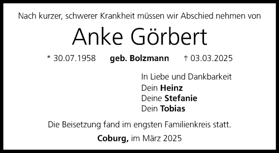 Traueranzeige von Anke Görbert von Neue Presse Coburg