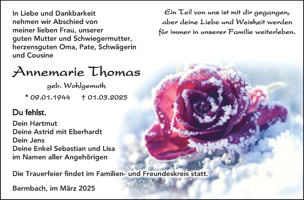  Traueranzeige für Annemarie Thomas vom 08.03.2025 aus Südthüringer Presse