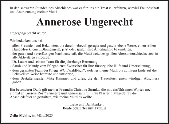 Traueranzeige von Annerose Ungerecht von Südthüringer Presse