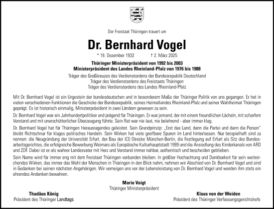 Traueranzeige von Bernhard Vogel von Südthüringer Presse