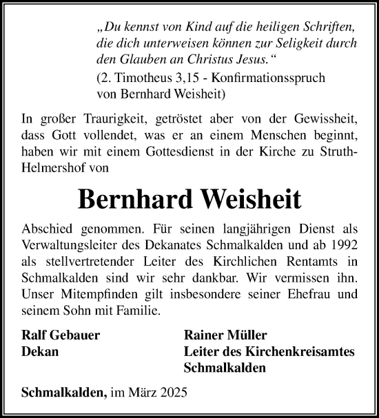 Traueranzeige von Bernhard Weisheit von Südthüringer Presse