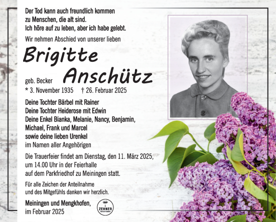 Traueranzeige von Brigitte Anschütz von Südthüringer Presse