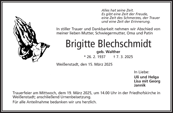 Traueranzeige von Brigitte Blechschmidt von Frankenpost