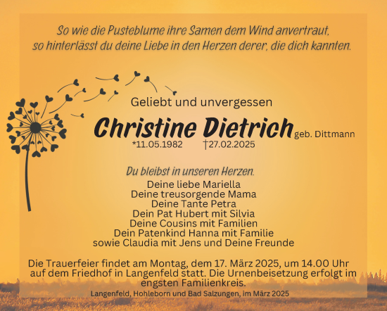 Traueranzeige von Christine Dietrich von Südthüringer Presse