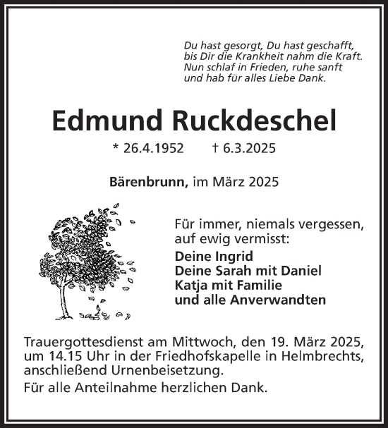 Traueranzeige von Edmund Ruckdeschel von Frankenpost