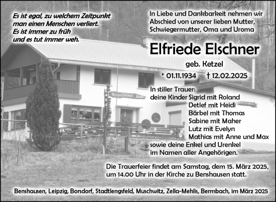 Traueranzeige von Elfriede Elschner von Südthüringer Presse