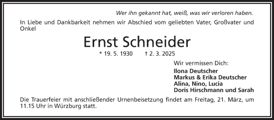 Traueranzeige von Ernst Schneider von Frankenpost