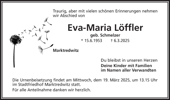 Traueranzeige von Eva-Maria Löffler von Frankenpost