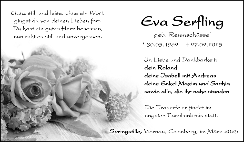  Traueranzeige für Eva Serfling vom 08.03.2025 aus Südthüringer Presse