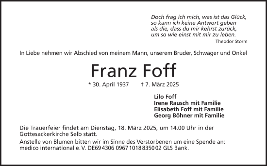 Traueranzeige von Franz Foff von Frankenpost