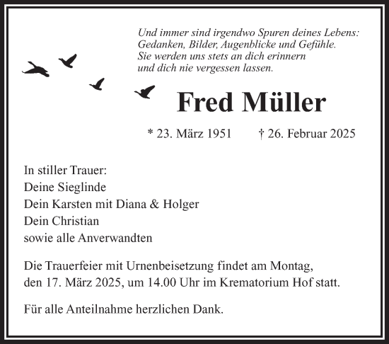 Traueranzeige von Fred Müller von Frankenpost