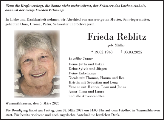 Traueranzeige von Frieda Reblitz von Neue Presse Coburg