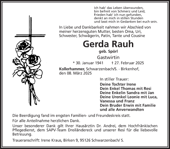 Traueranzeige von Gerda Rauh von Frankenpost