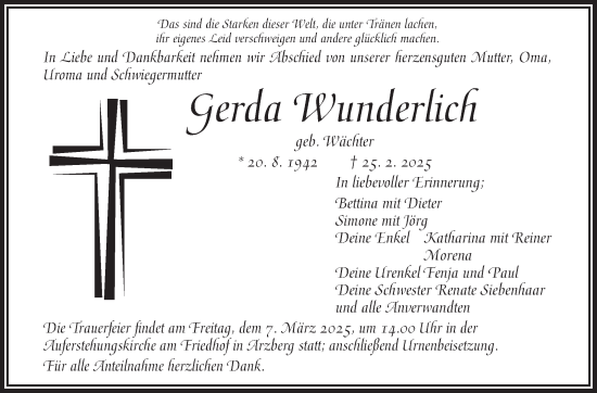 Traueranzeige von Gerda Wunderlich von Frankenpost