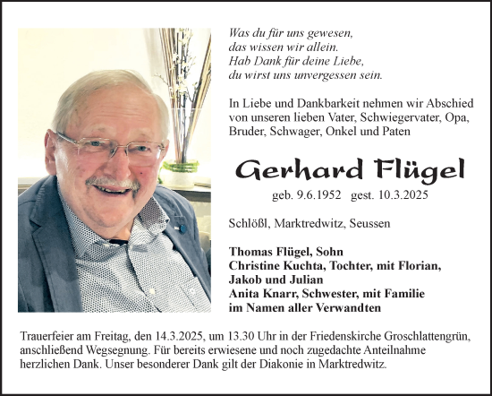 Traueranzeige von Gerhard Flügel von Frankenpost