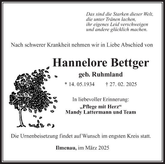 Traueranzeige von Hannelore Bettger von Südthüringer Presse