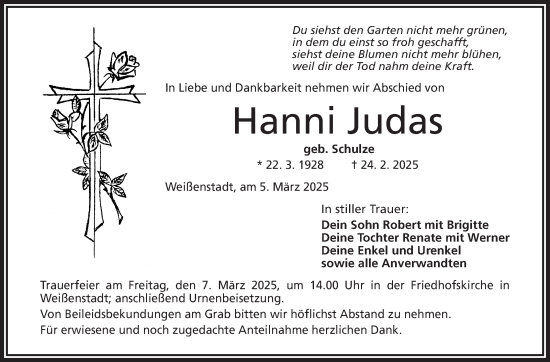 Traueranzeige von Hanni Judas von Frankenpost