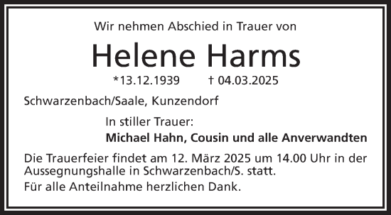 Traueranzeige von Helene Harms von Frankenpost