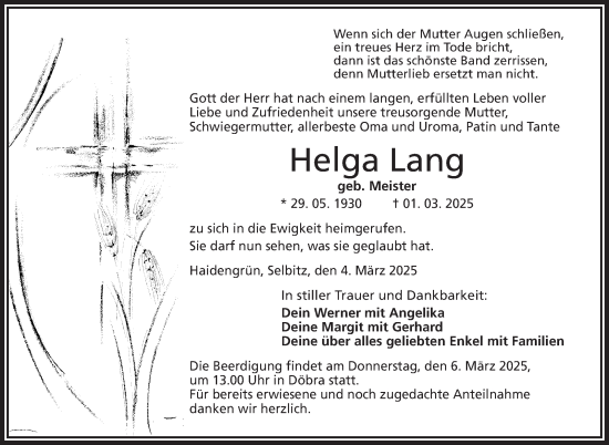 Traueranzeige von Helga Lang von Frankenpost