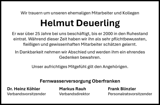 Traueranzeige von Helmut Deuerling von Neue Presse Coburg