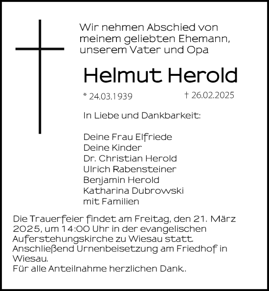 Traueranzeige von Helmut Herold von Frankenpost