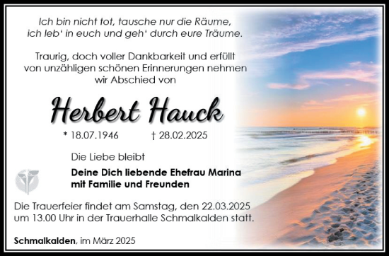 Traueranzeige von Herbert Hauck von Südthüringer Presse