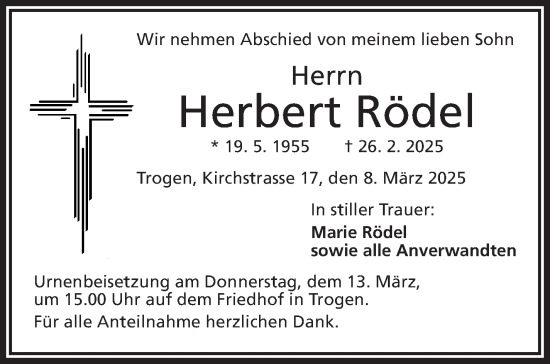 Traueranzeige von Herbert Rödel von Frankenpost