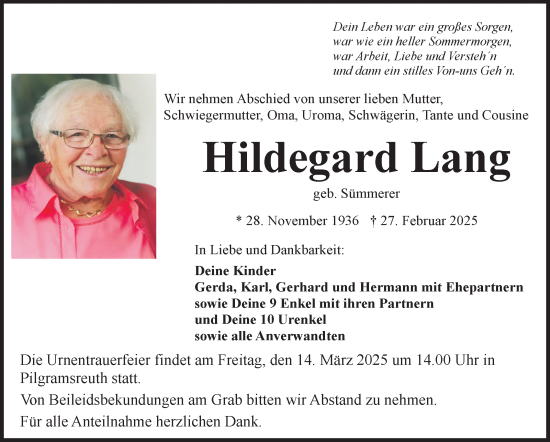 Traueranzeige von Hildegard Lang von Frankenpost