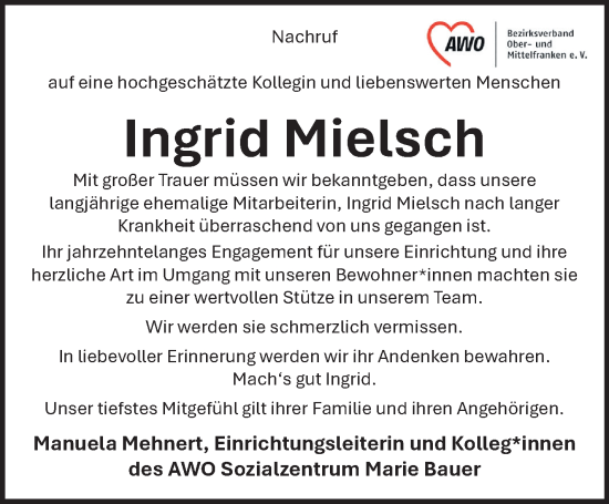 Traueranzeige von Ingrid Mielsch von Frankenpost