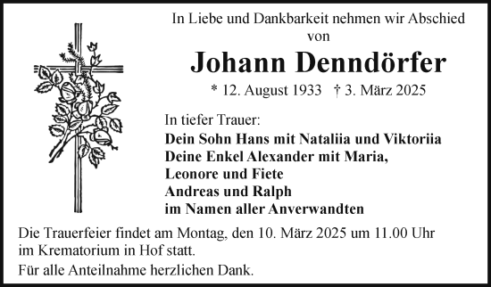 Traueranzeige von Johann Denndörfer von Frankenpost