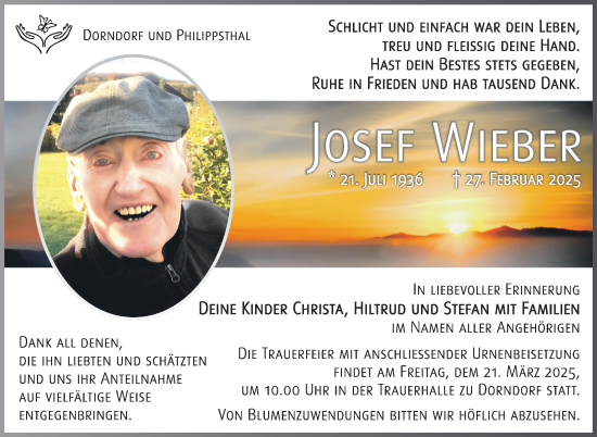 Traueranzeige von Josef Wieber von Südthüringer Presse