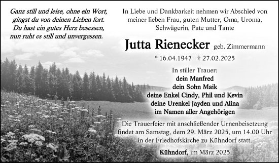 Traueranzeige von Jutta Rienecker von Südthüringer Presse