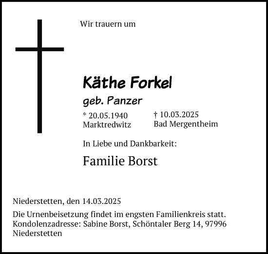 Traueranzeige von Käthe Forkel von Frankenpost