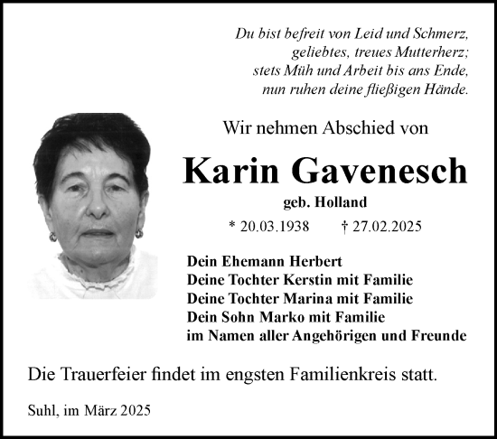 Traueranzeige von Karin Gavenesch von Südthüringer Presse