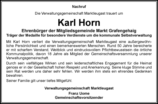 Traueranzeige von Karl Horn von Frankenpost