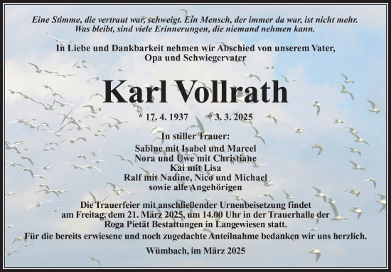 Traueranzeige von Karl Vollrath von Südthüringer Presse