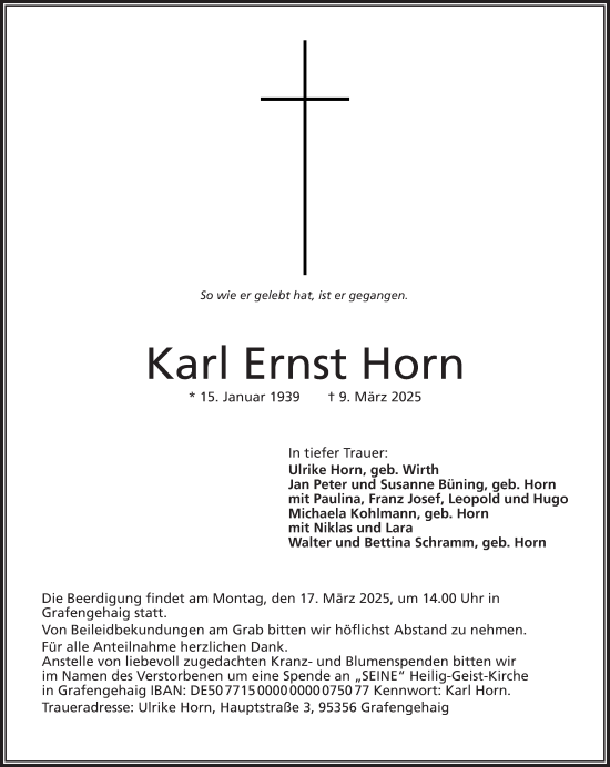 Traueranzeige von Karl Ernst Horn von Frankenpost