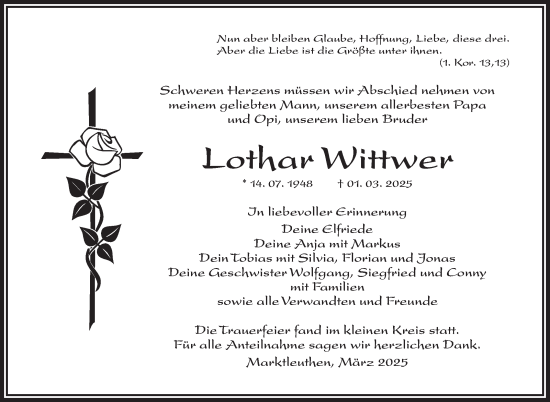 Traueranzeige von Lothar Wittwer von Frankenpost