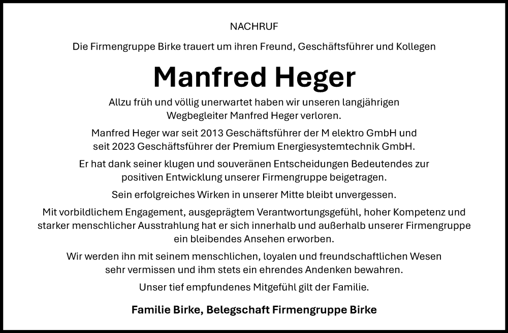  Traueranzeige für Manfred Heger vom 12.03.2025 aus Frankenpost