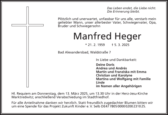 Traueranzeige von Manfred Heger von Frankenpost