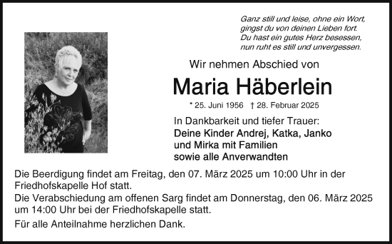 Traueranzeige von Maria Häberlein von Frankenpost