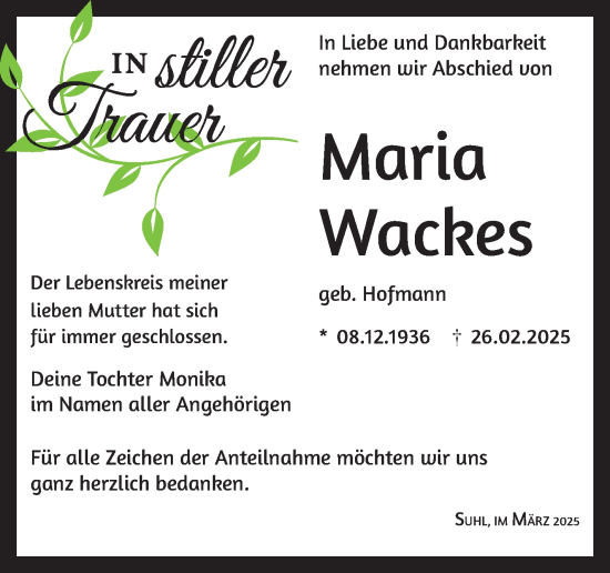 Traueranzeige von Maria Wackes von Südthüringer Presse