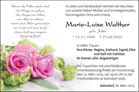 Traueranzeige von Marie-Luise Walther von Südthüringer Presse